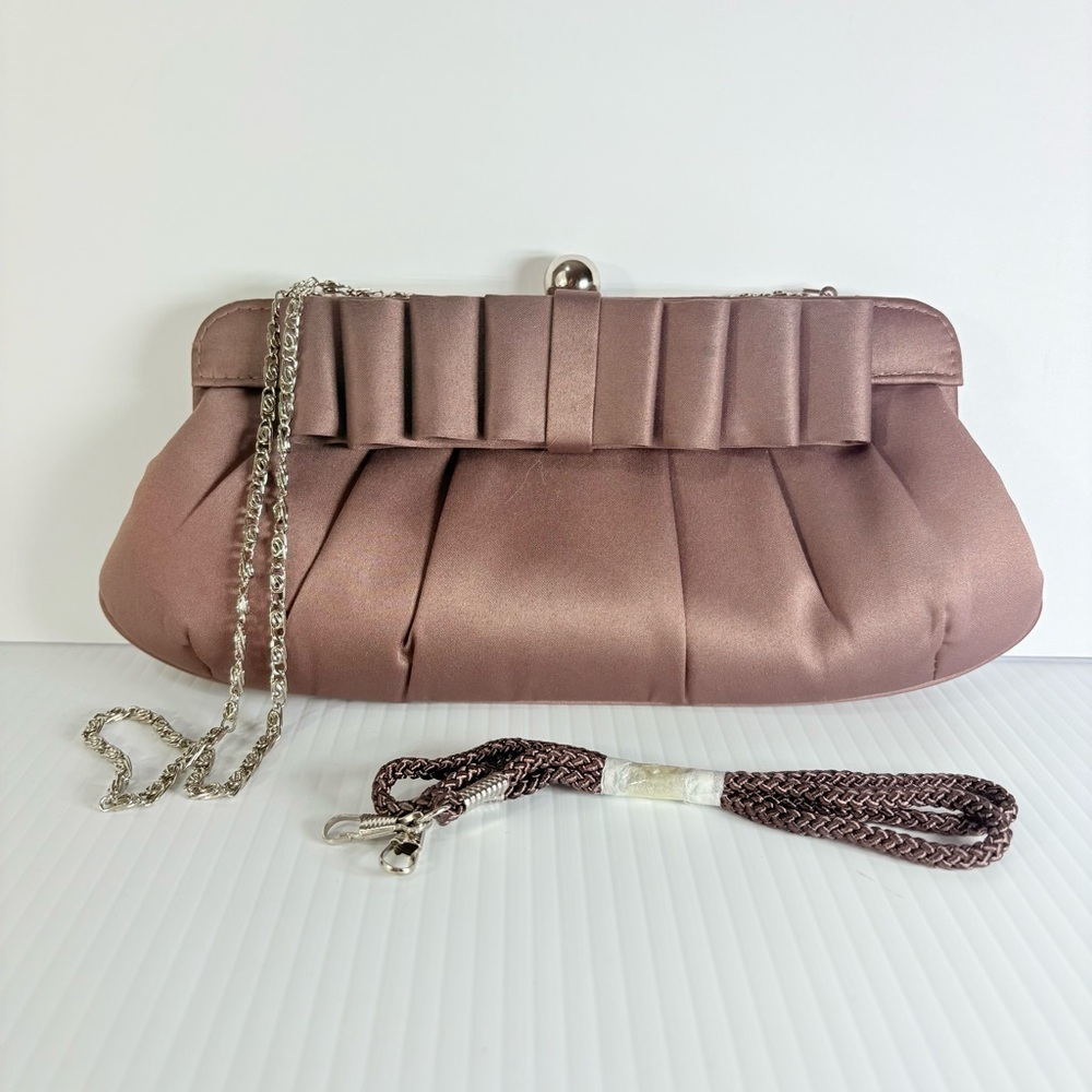 Lulu Townsend Taupe Satin Clutch with Ribbon Bow Silver Chain and Rope Strap